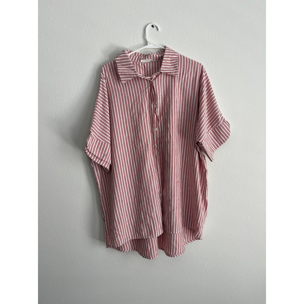 Timing Womens Red White Striped Short Sleeve Button Down Shirt Plus Size 1X